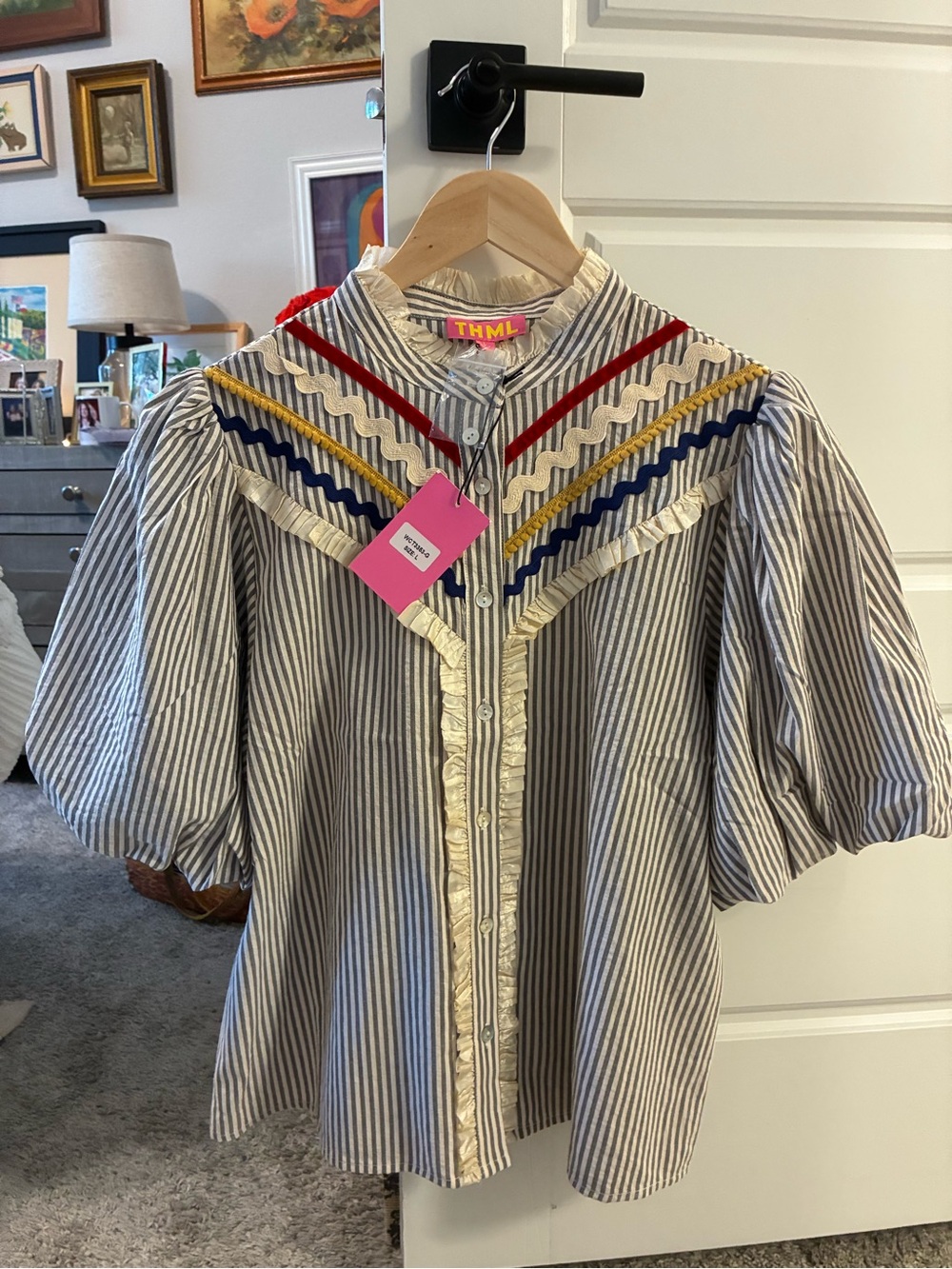 SOLD !!! Super Sale !THML Navy and White Striped Ruffled Yoke Blouse